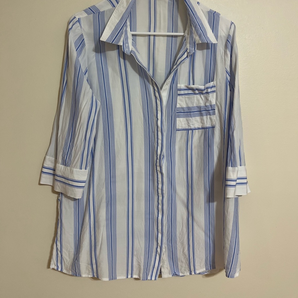 Soft Surroundings Blue and White Striped Button Down Shirt